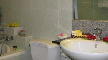 Un bagno con WC, lavabo e zona doccia.