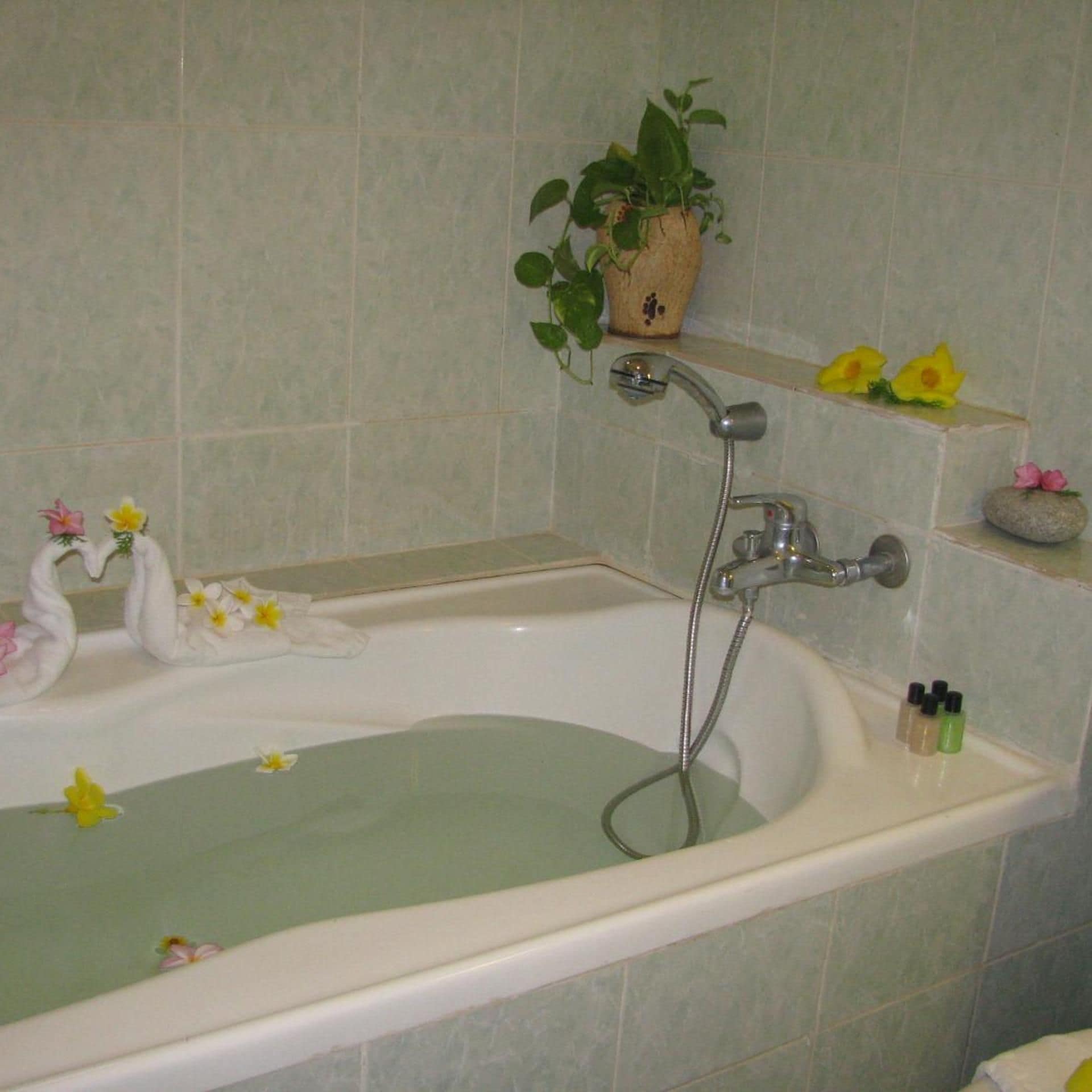 A bathtub with a shower head, a potted plant, and decorative swans.
