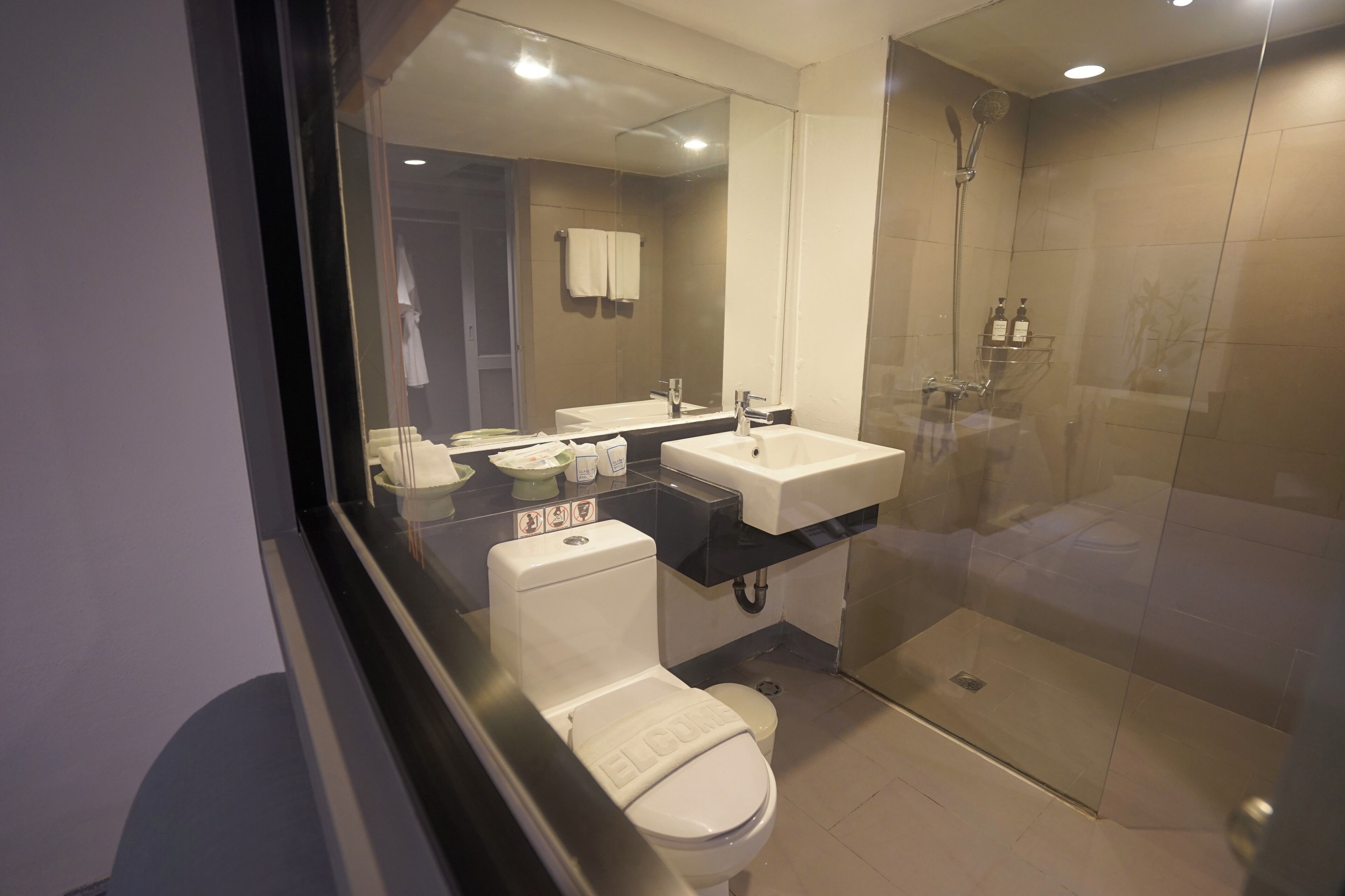 A modern bathroom with a glass-enclosed shower, a white toilet, and two sinks.
