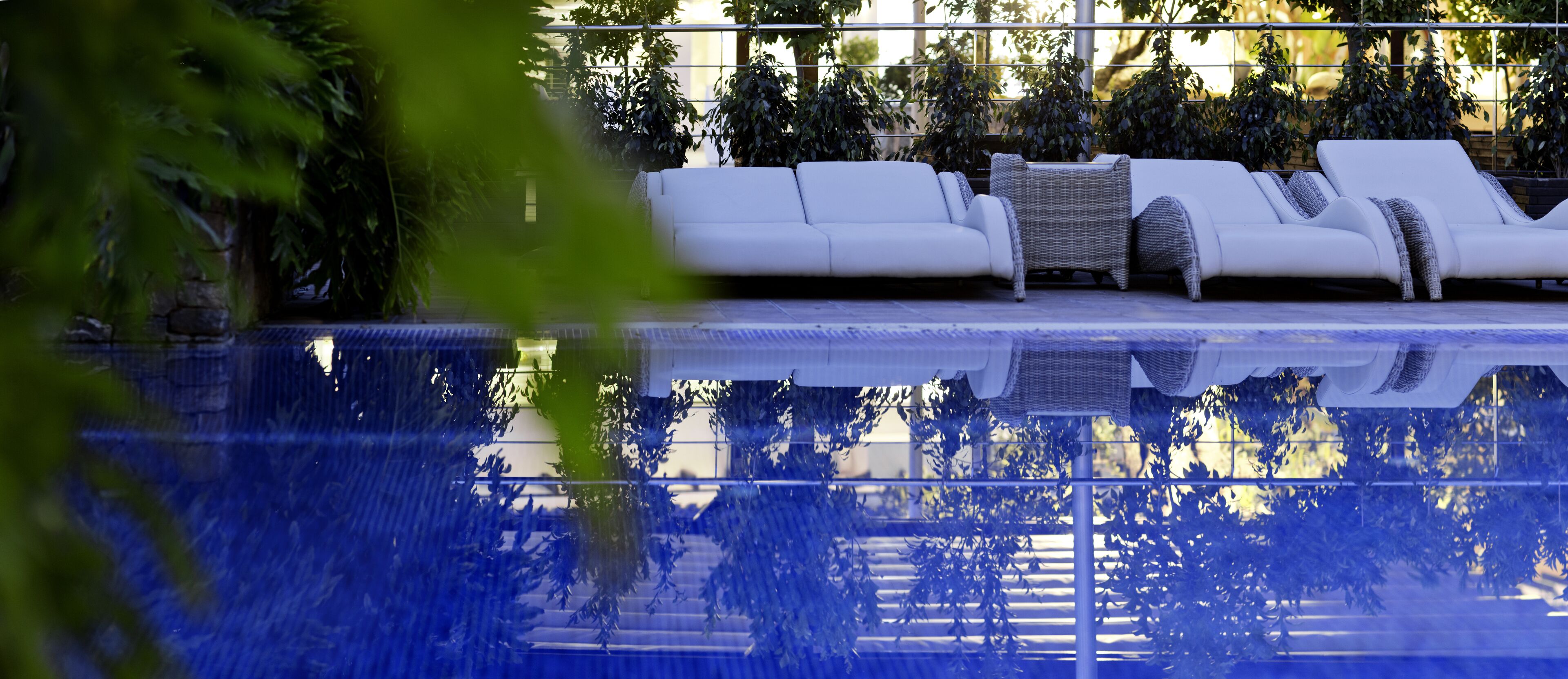 outdoor pool, pool umbrellas, pool loungers