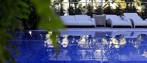 Outdoor pool, pool umbrellas, pool loungers