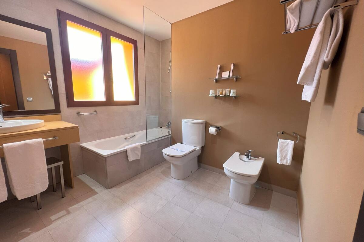 combined shower/bathtub, designer toiletries, hair dryer, towels