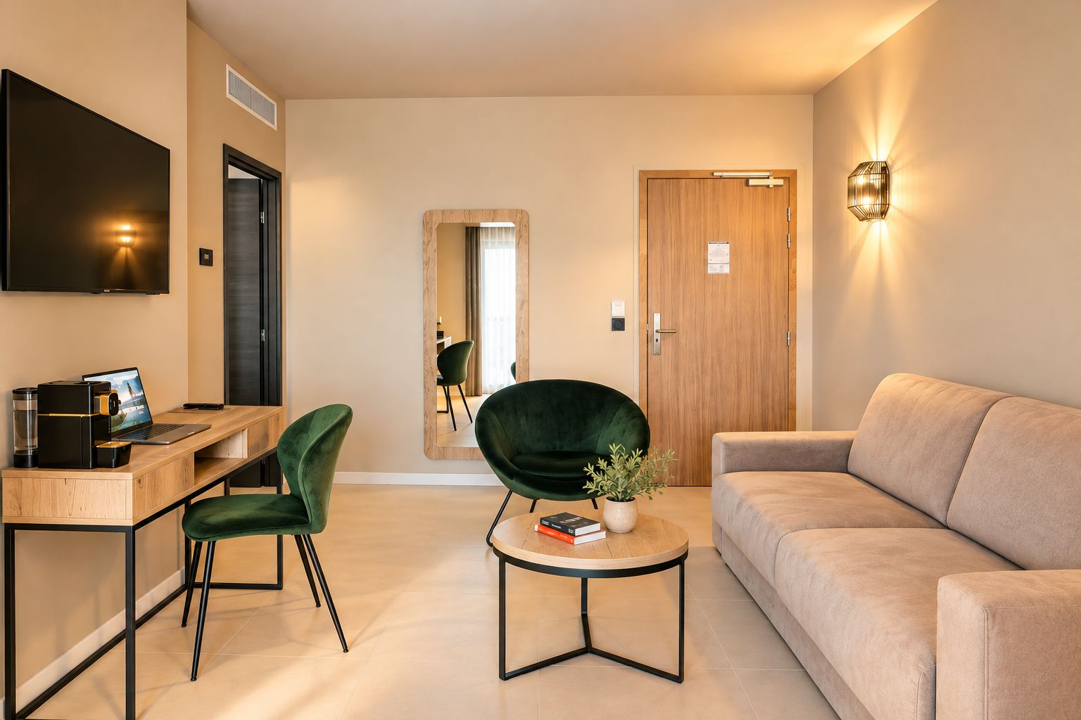 A modern living room with a sofa, a desk with a laptop, a green chair, and a round coffee table.