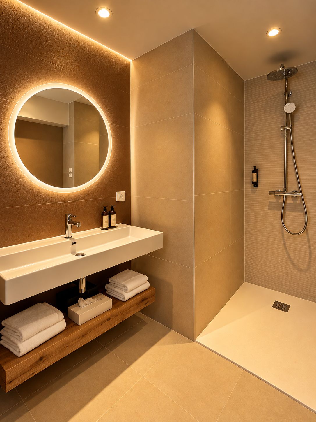 A modern bathroom with a round mirror, a white sink, and a shower area.