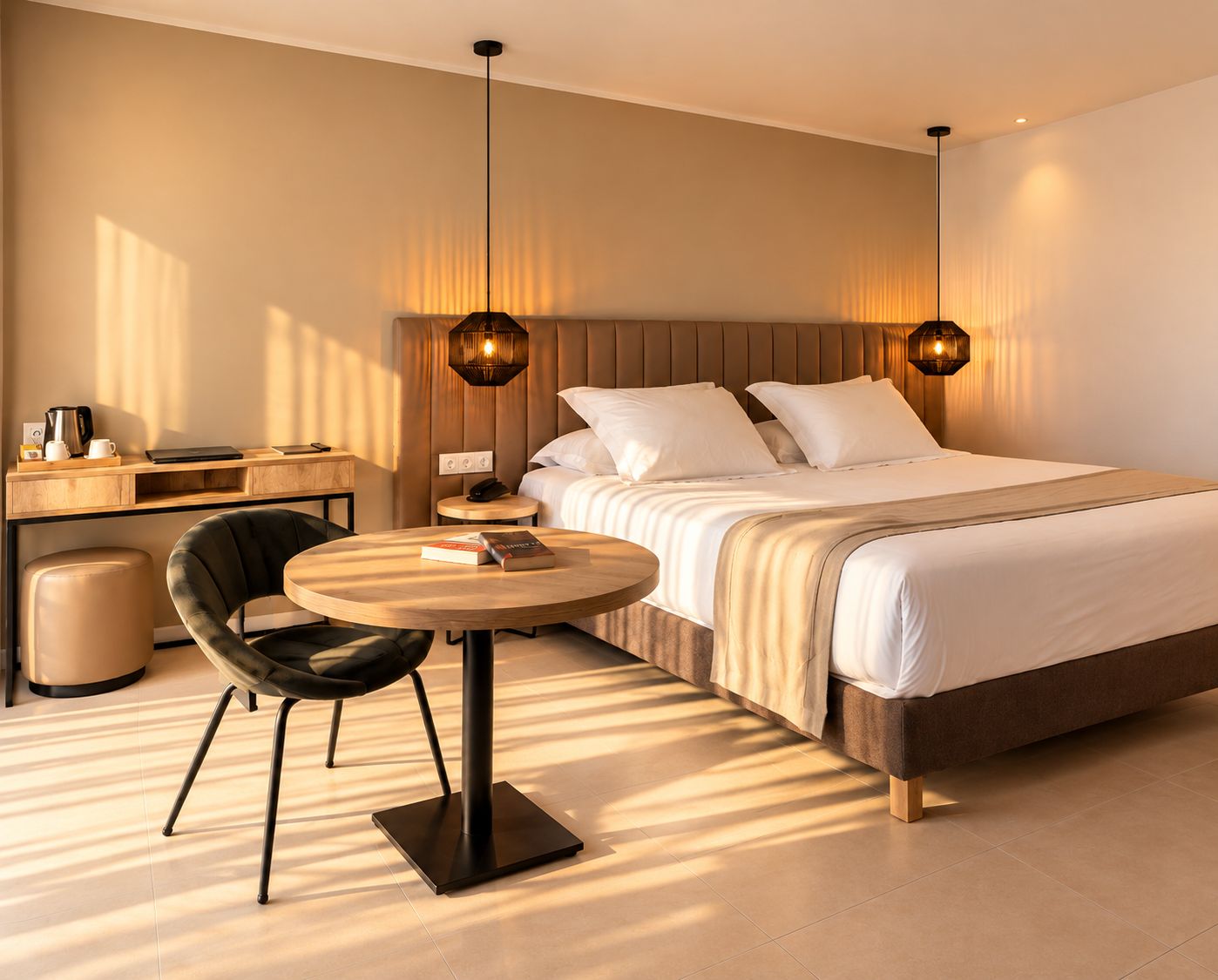 A modern hotel room with a bed, bedside table, chair, and a round table with books.