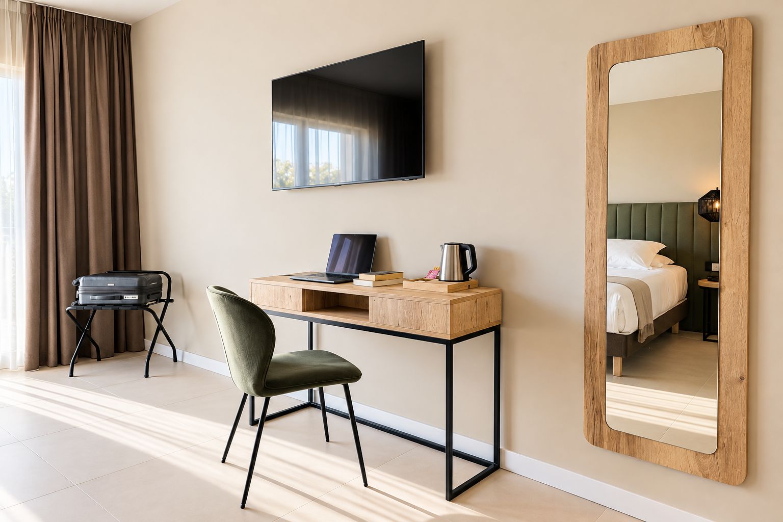 A hotel room with a desk, chair, flat-screen TV, and a large mirror.