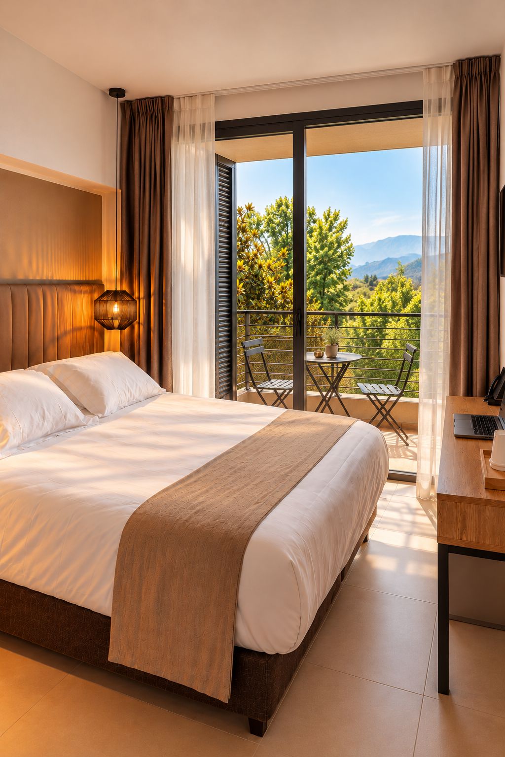 Habitación de hotel con una cama grande, un escritorio con una computadora portátil y un balcón con mesa y sillas.