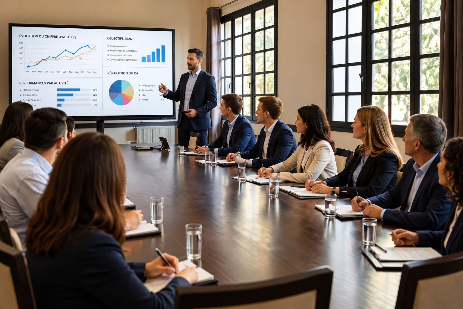 A business meeting in a conference room with a presentation screen displaying charts and graphs.