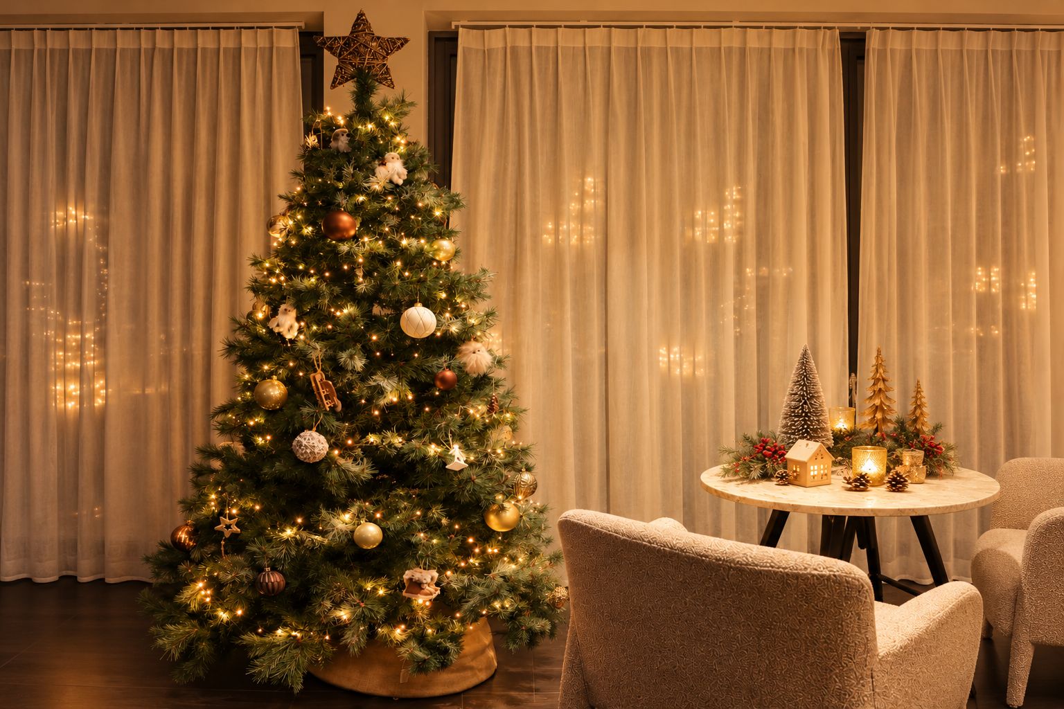 A Christmas tree with lights and ornaments, a star topper, and a table with candles and a small house decoration.