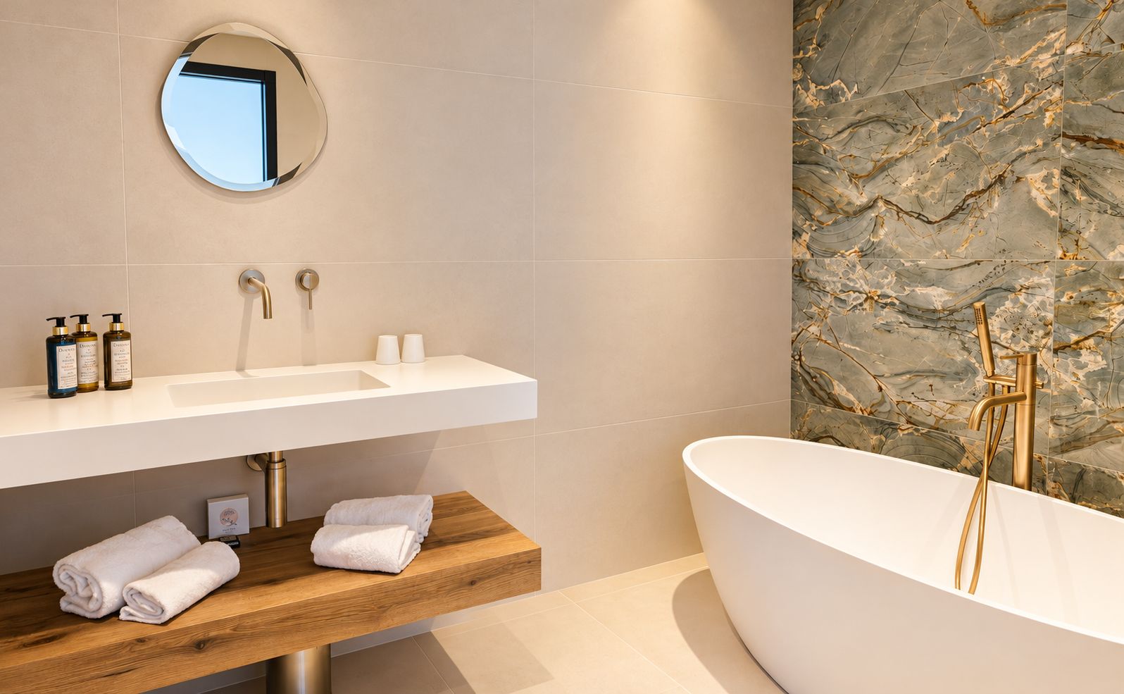 A modern bathroom with a freestanding bathtub, a vanity with a mirror, and a marble wall.