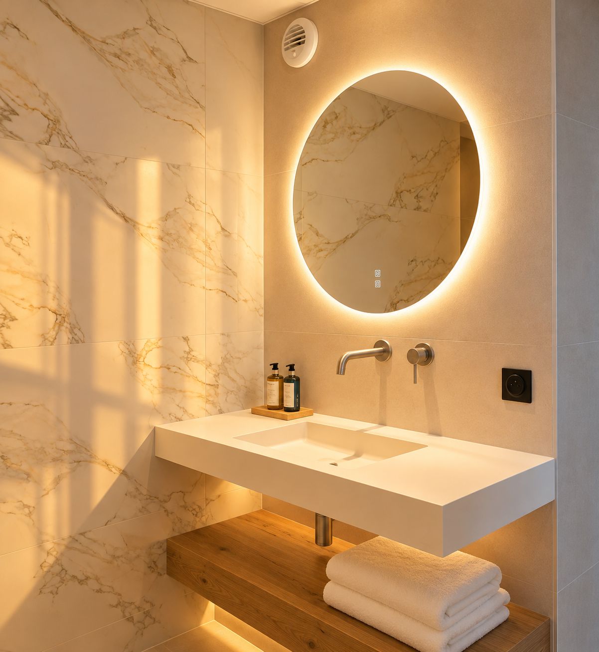 Ein modernes Badezimmer mit Marmorwand, einem runden Spiegel, einem weißen Waschbecken und einem Holzregal.