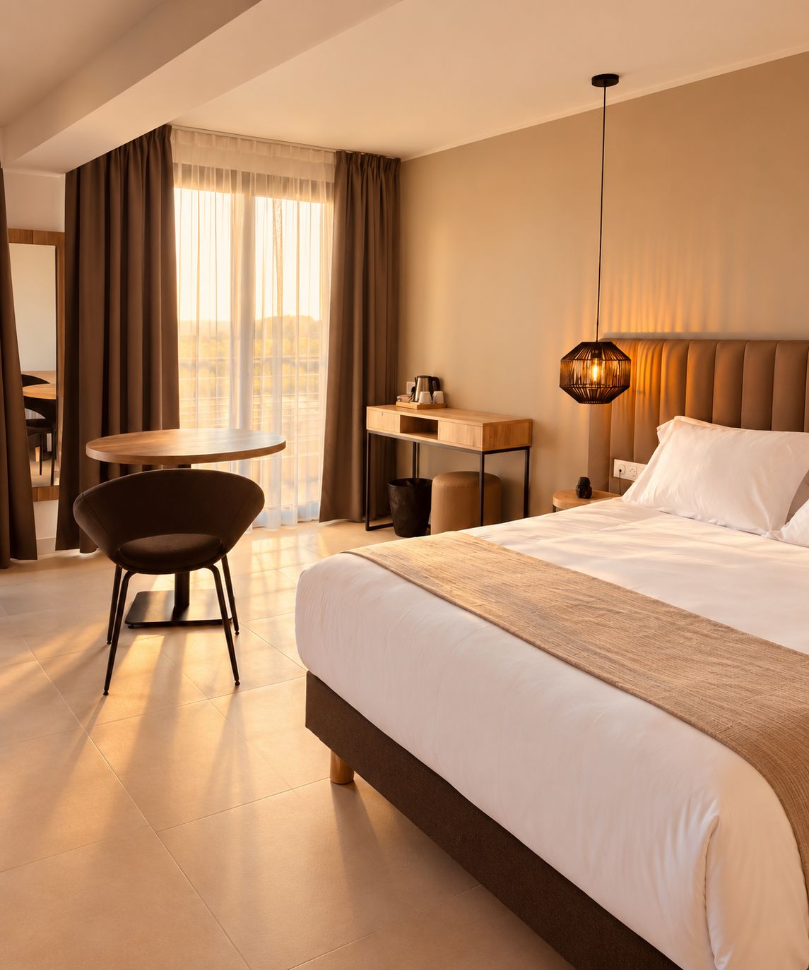 Ein Hotelzimmer mit Bett, Schreibtisch, Stuhl und Esstisch.