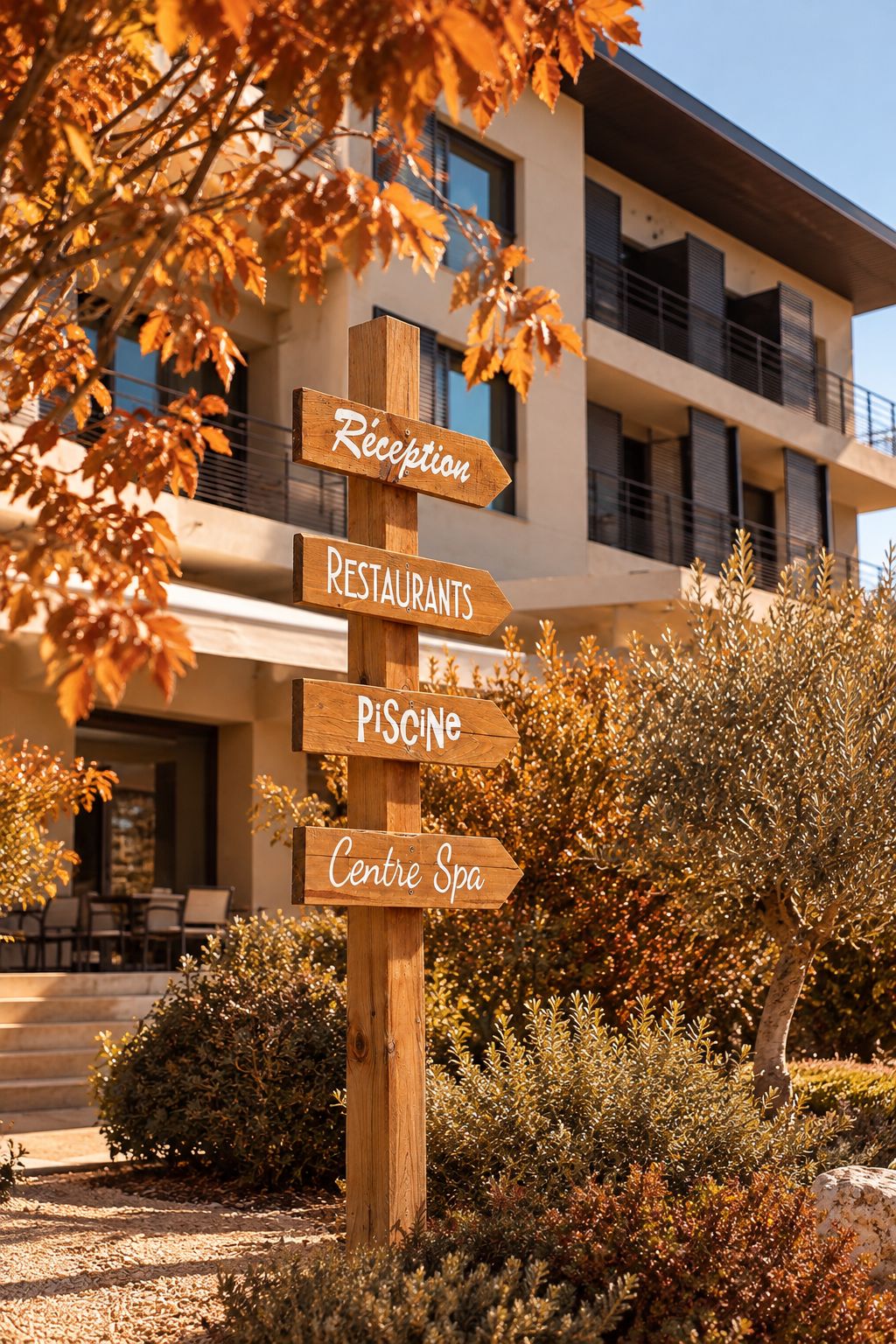 A wooden signpost with directional arrows pointing to amenities such as a reception, restaurants, a spa, and a pool.