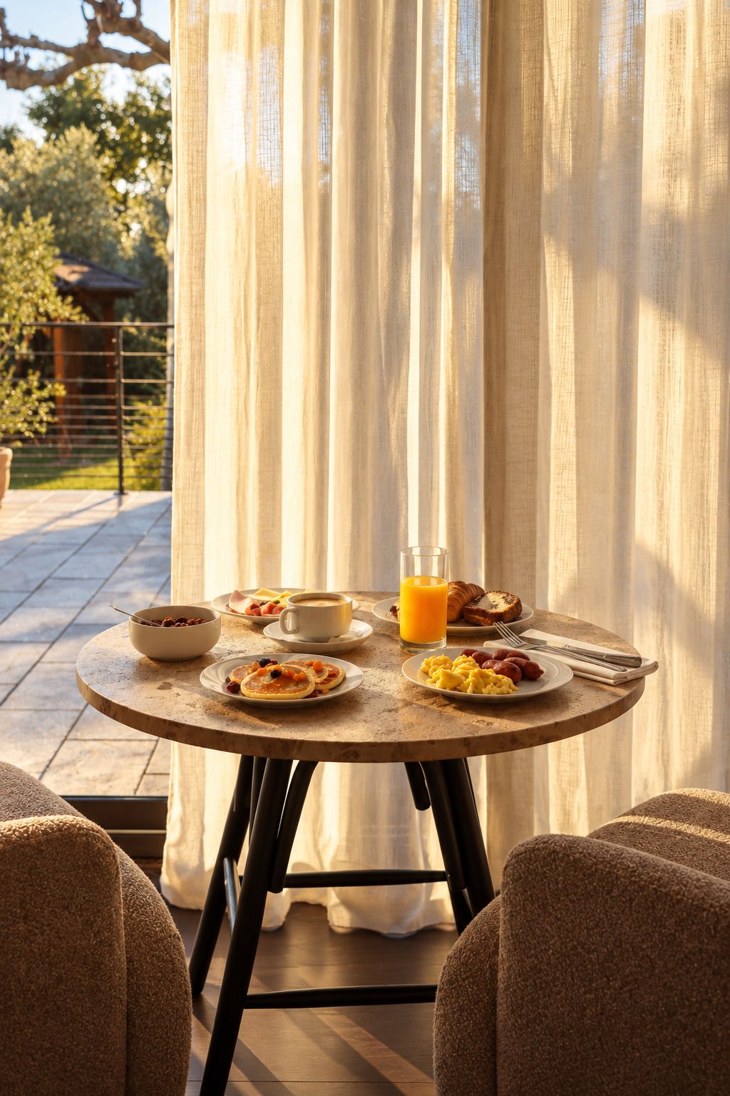 Una mesa redonda con alimentos para el desayuno y un vaso de jugo de naranja, con cortinas y vista a un jardín de fondo.