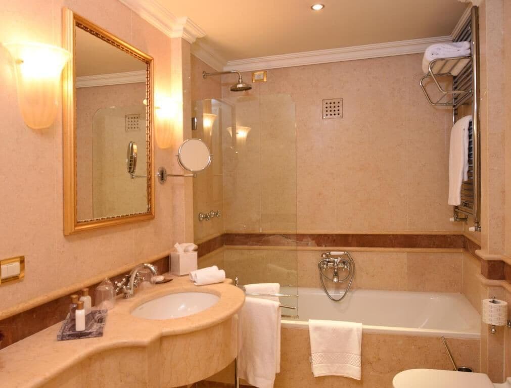combined shower/bathtub, free toiletries, hair dryer, bathrobes