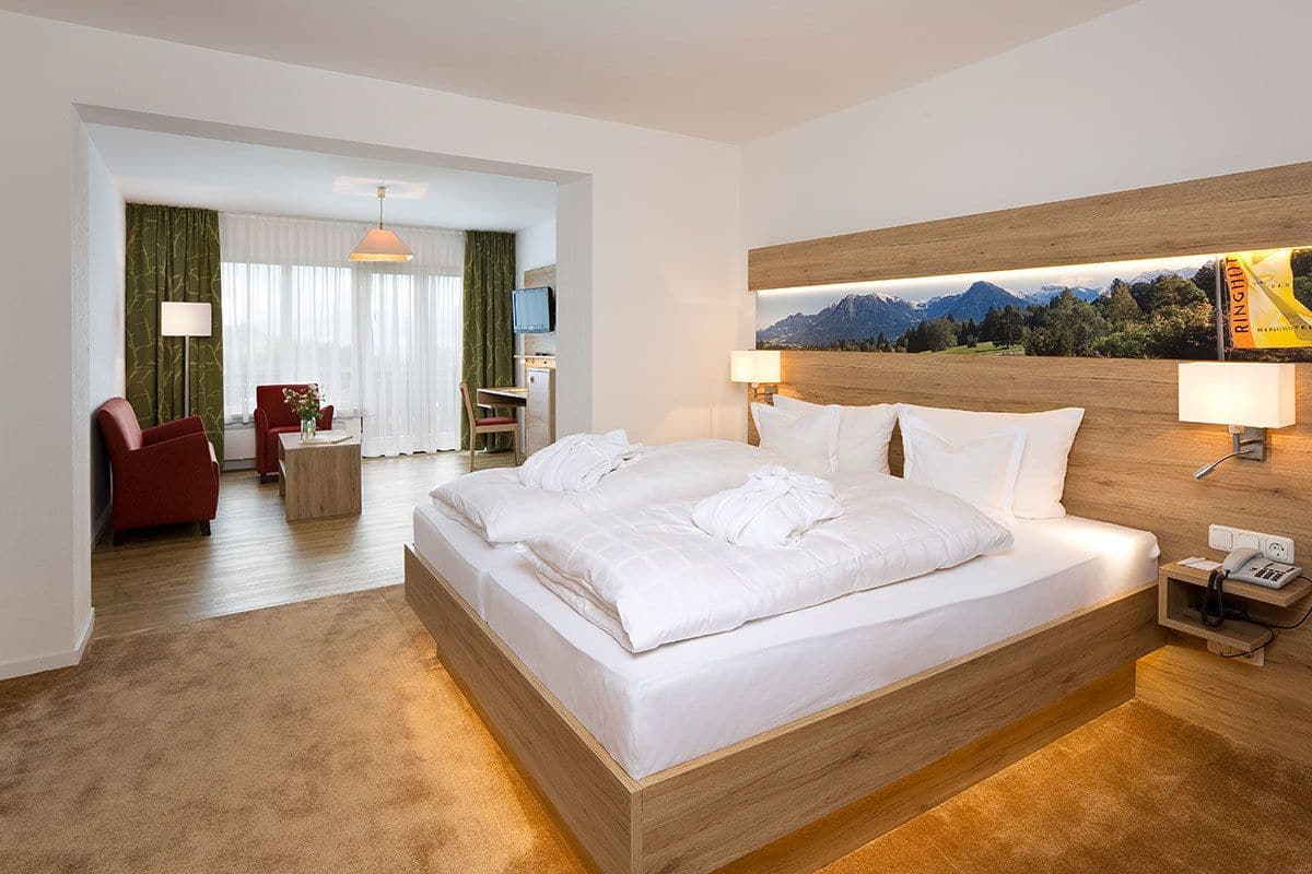 A hotel room with a large bed, a desk, a chair, and a view of mountains.