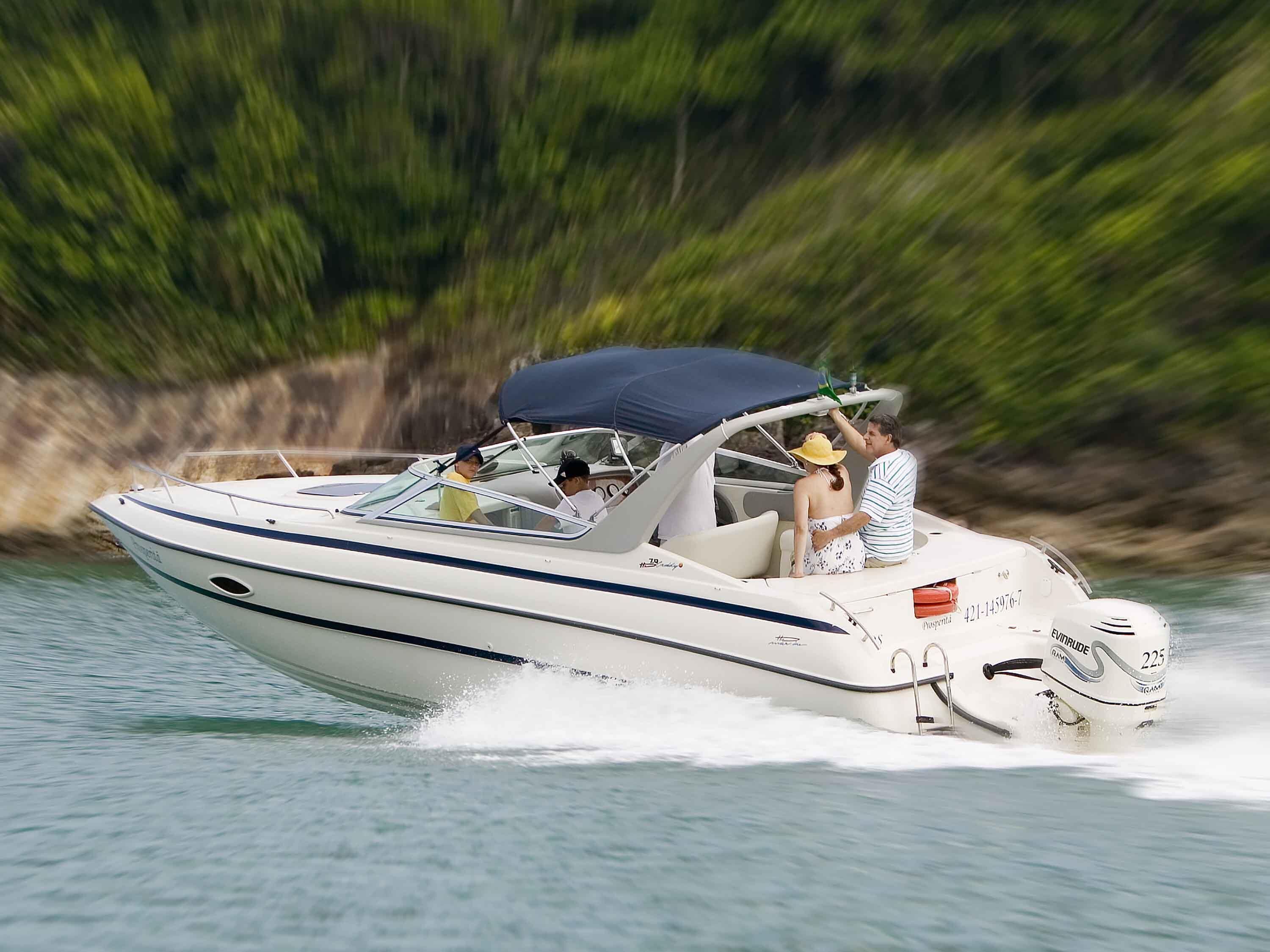 A speedboat with a blue canopy, a person steering, and another person on the back.