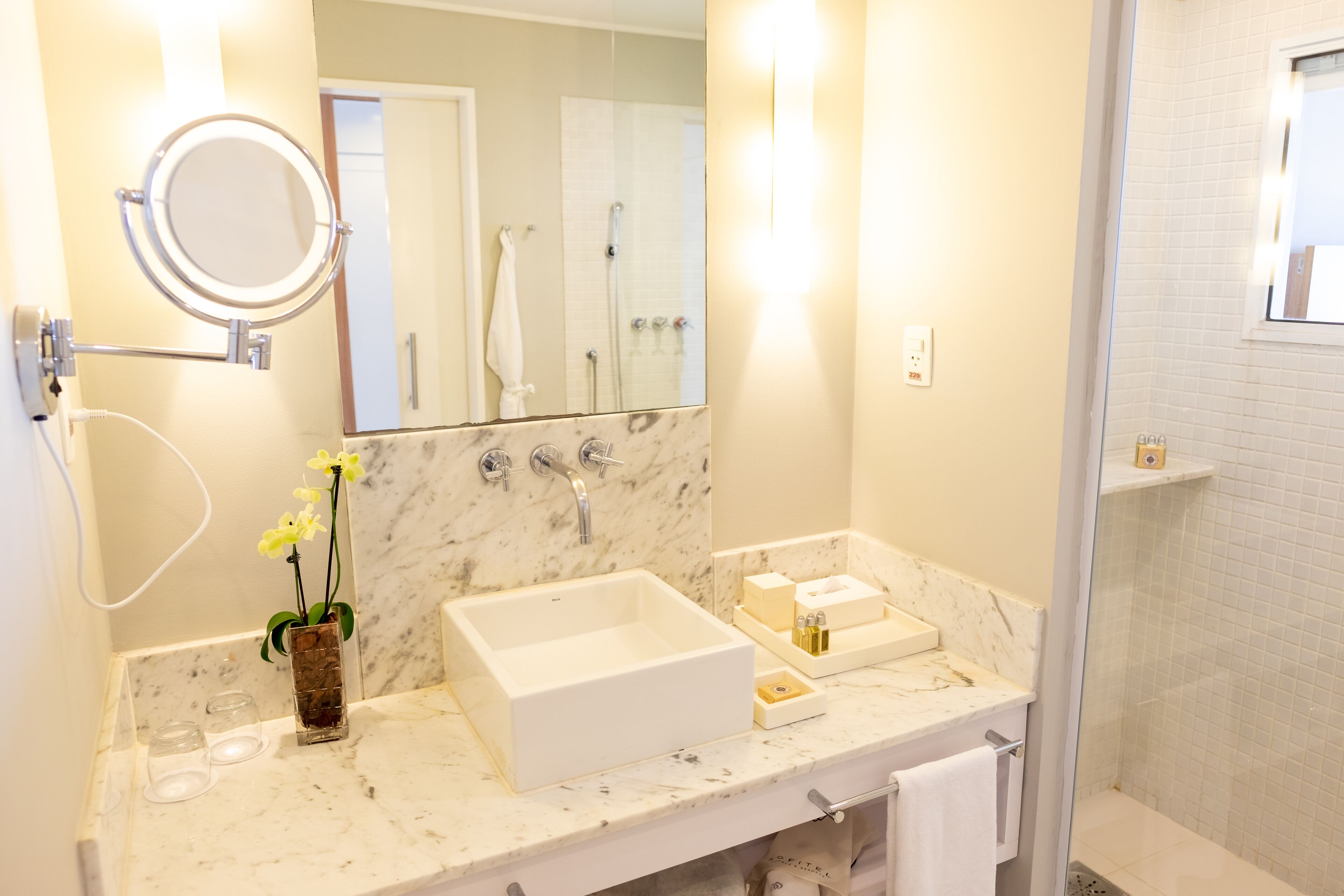 shower, designer toiletries, hair dryer, bathrobes