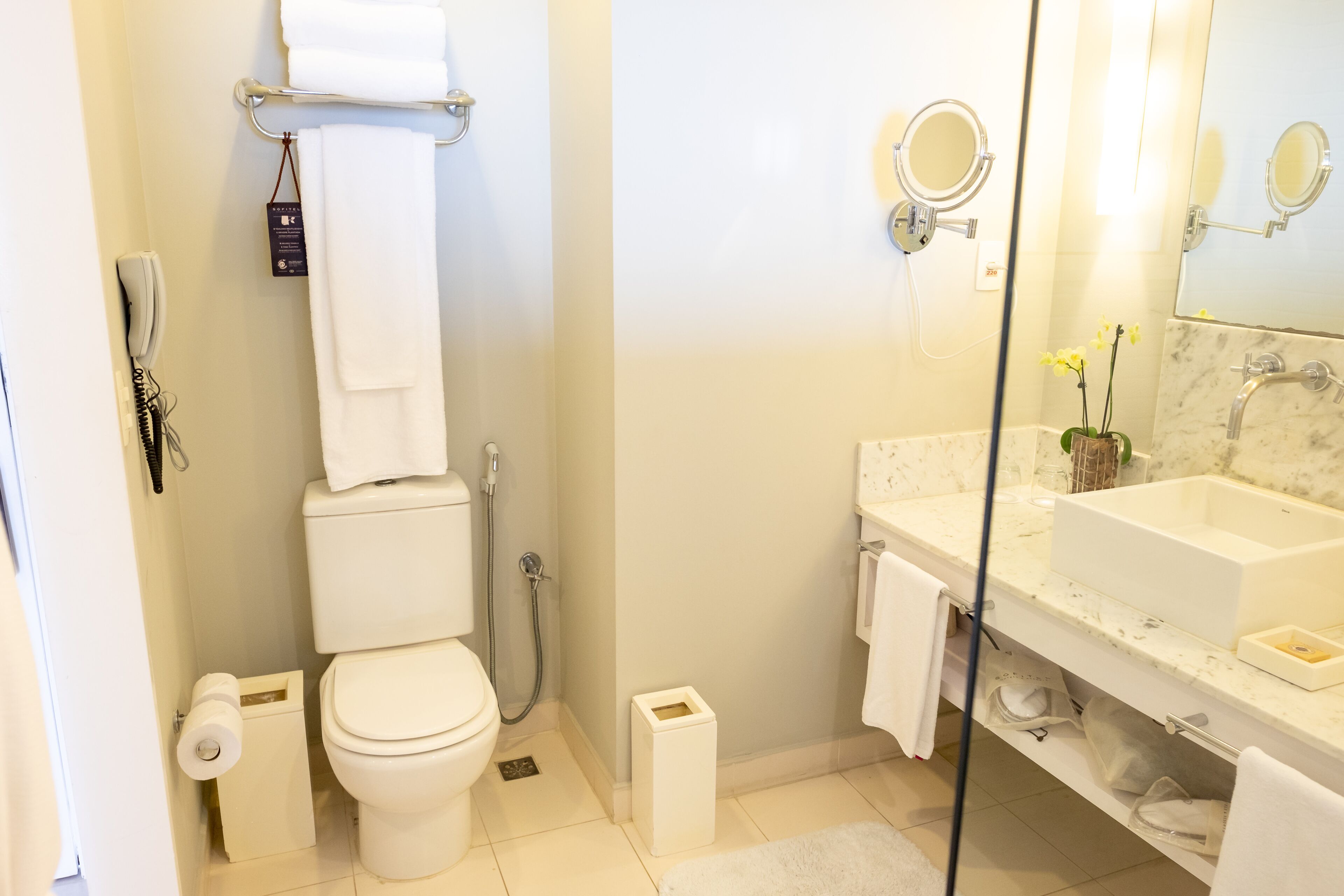 shower, designer toiletries, hair dryer, bathrobes