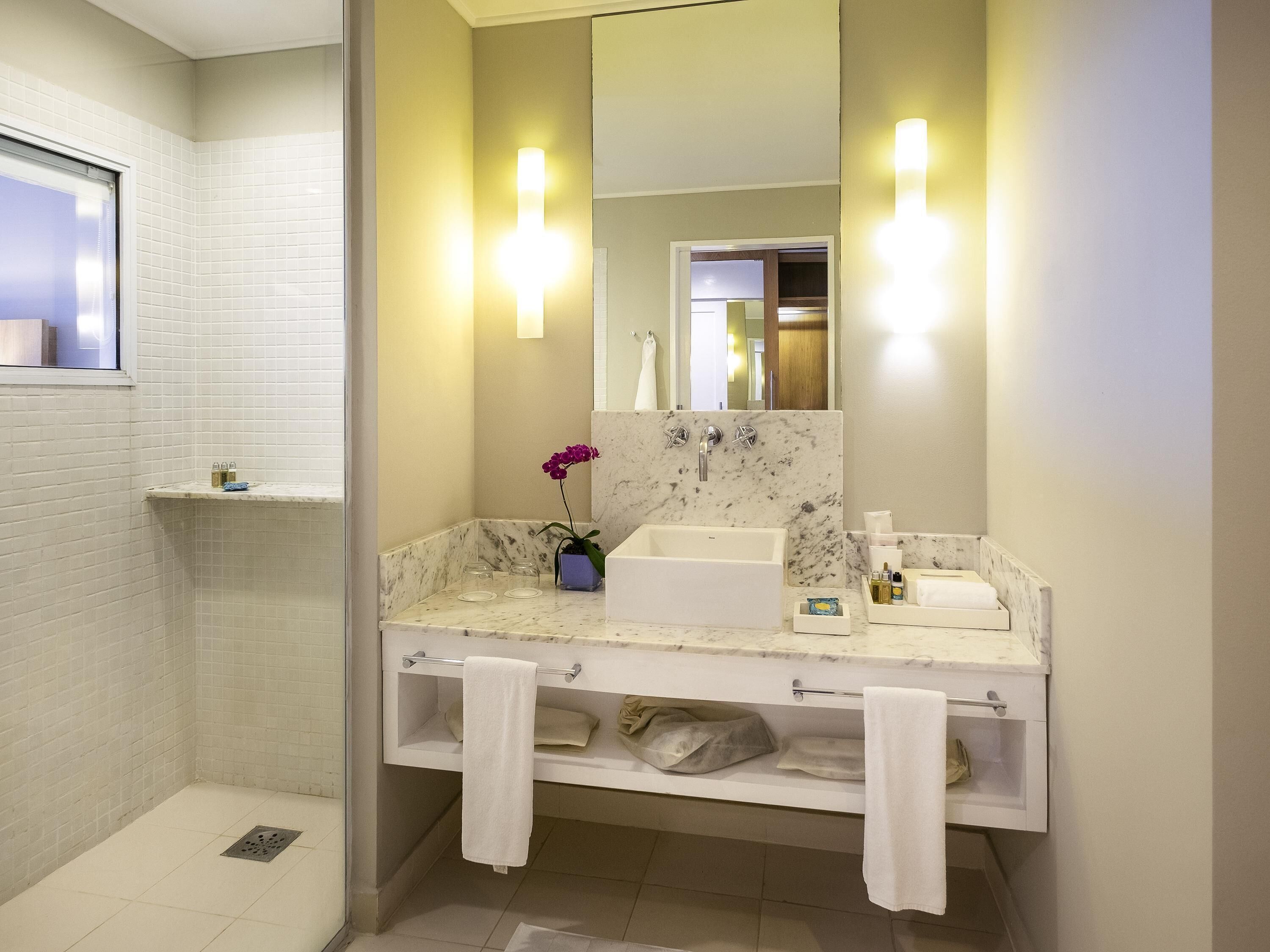 Un bagno con un lavabo bianco, un piano di lavoro in marmo e uno specchio grande. Ci sono due asciugamani su un portascopevoli e un'orchidea in vaso sul piano di lavoro.