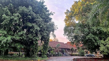 Um edifício com telhado de telhas vermelhas, rodeado por vegetação exuberante e árvores.