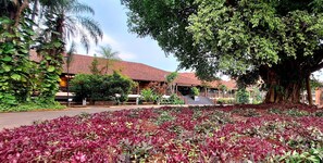Un edificio de techo rojo, rodeado de abundante vegetación y diversas plantas.
