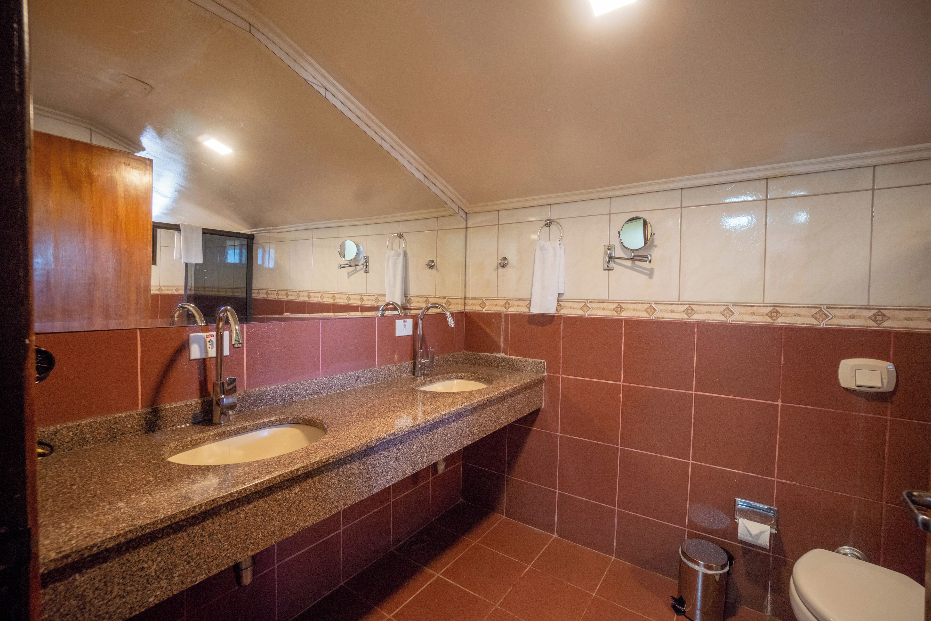 A bathroom with two sinks, a mirror, and a toilet.