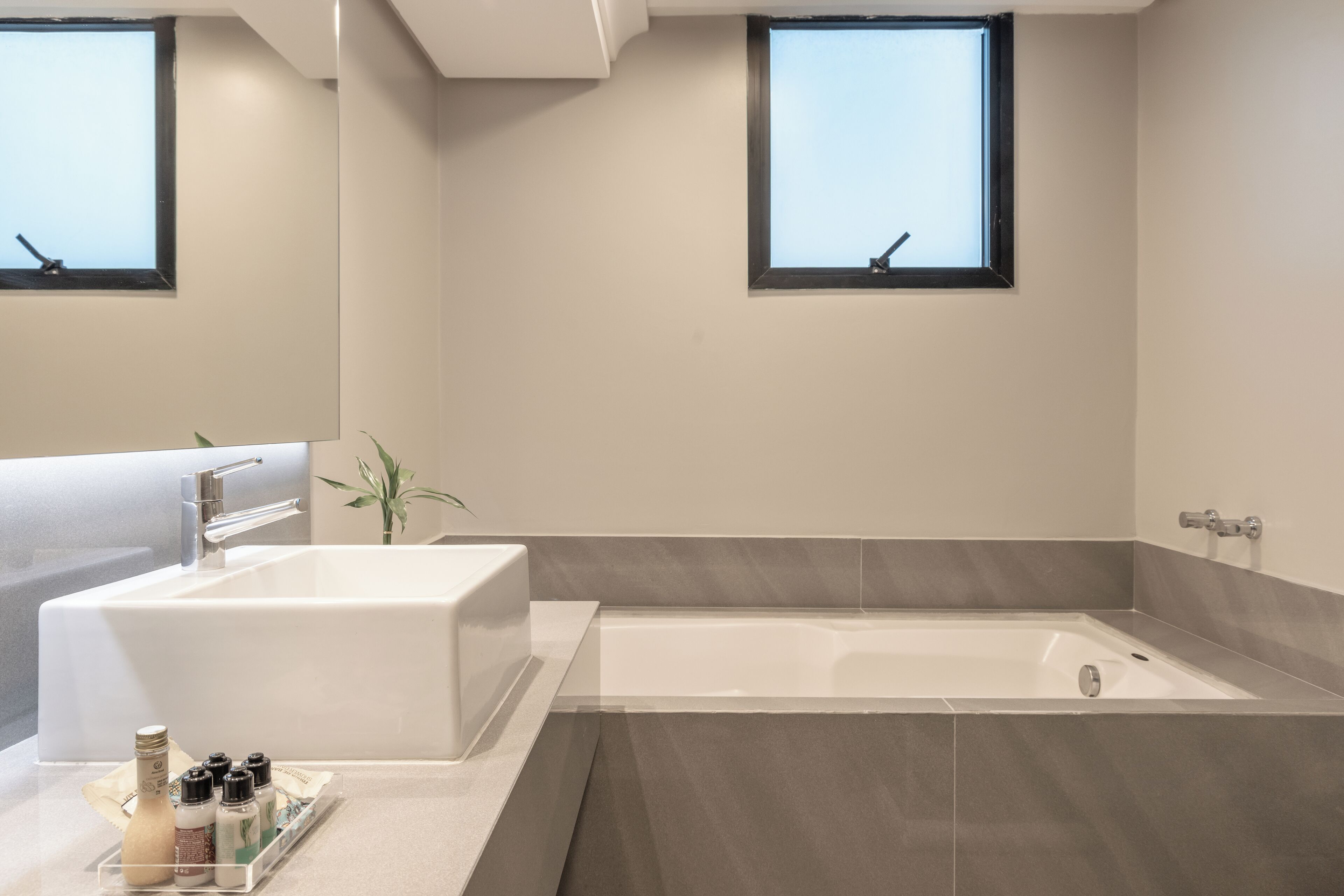 Un baño moderno con ba ñera, lavabo y tocador. Hay dos ventanas en la pared, y una planta decorando el tocador.