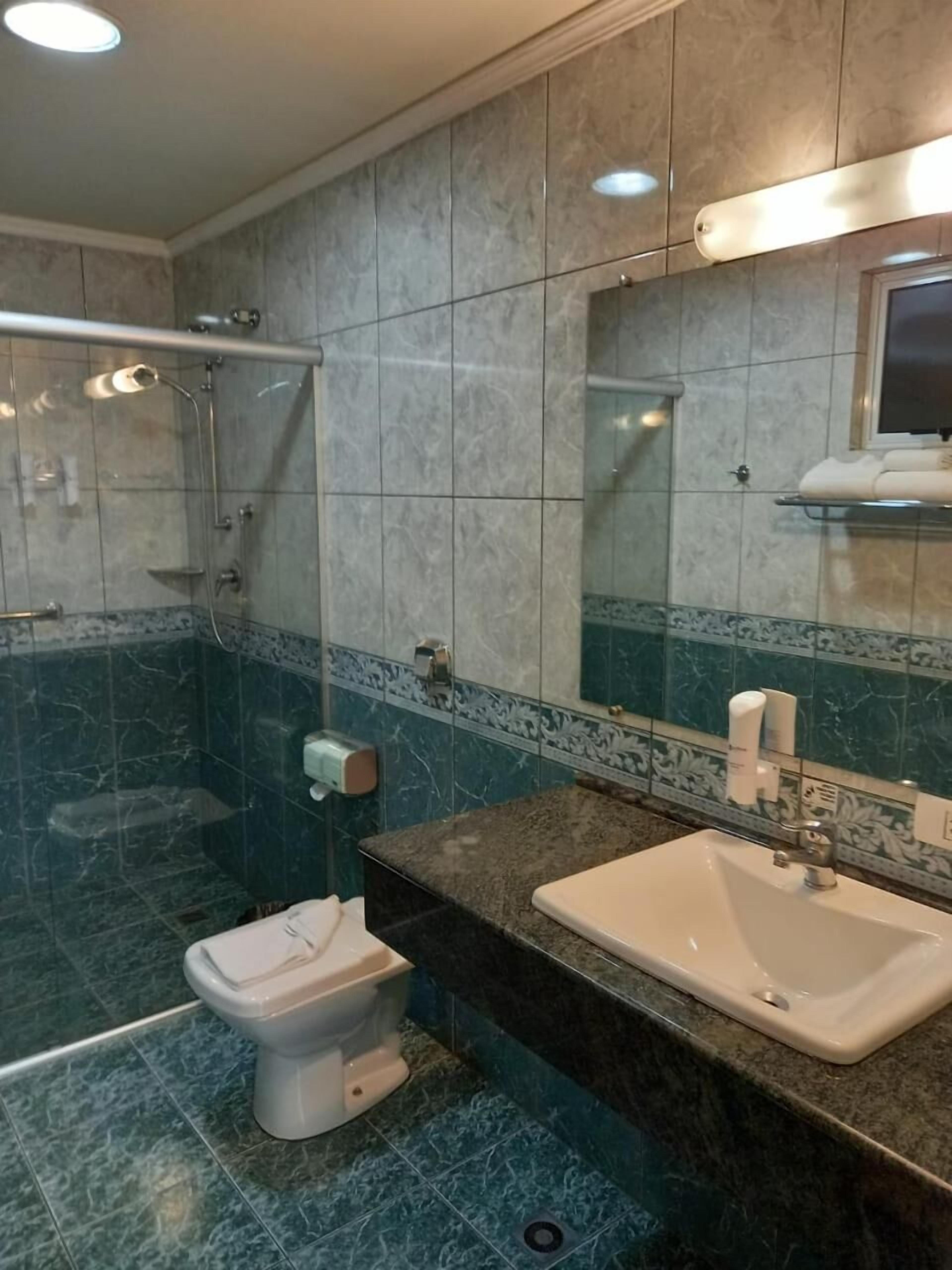 Un baño moderno con ducha, inodoro y lavamanos.
