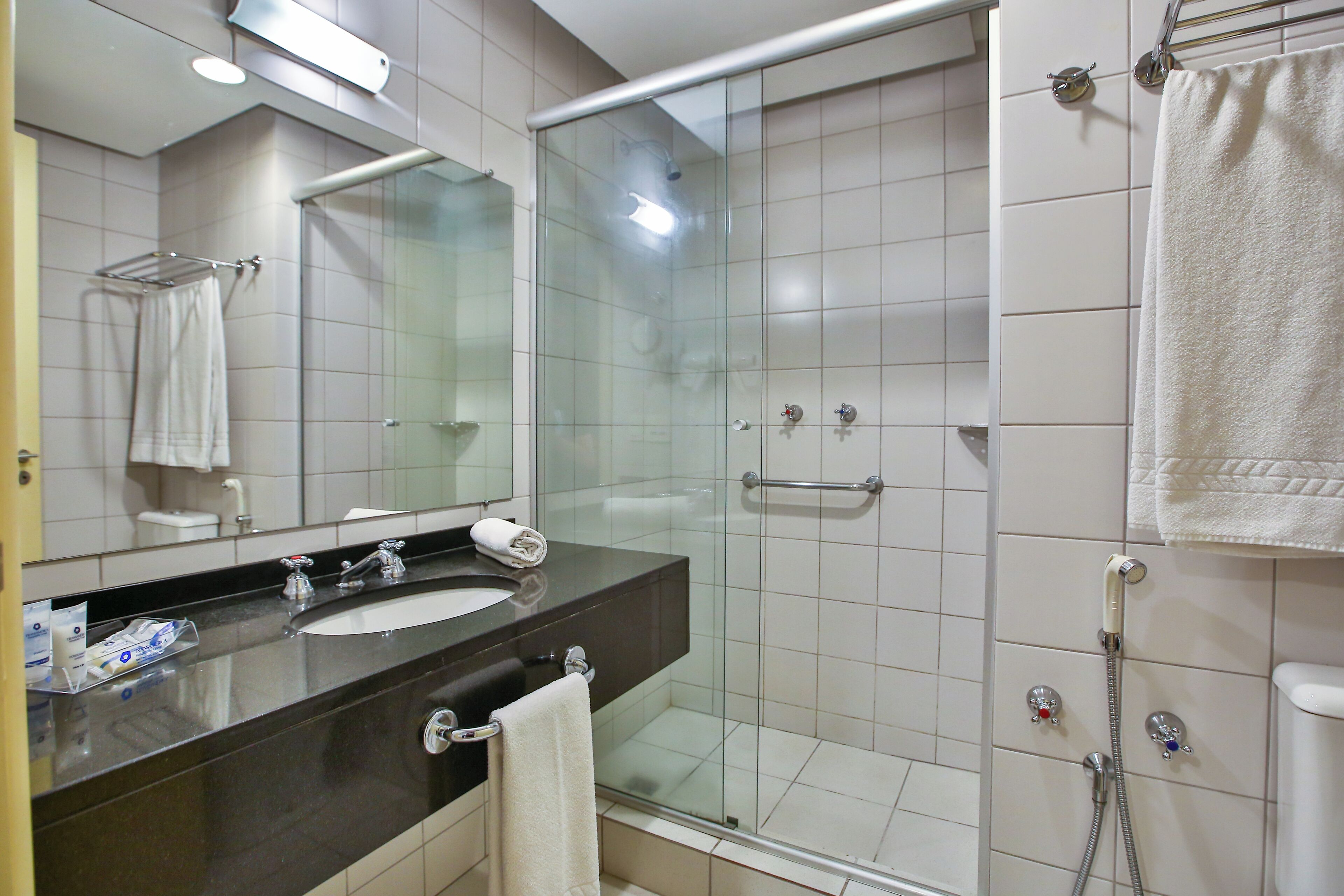 shower, free toiletries, hair dryer, towels