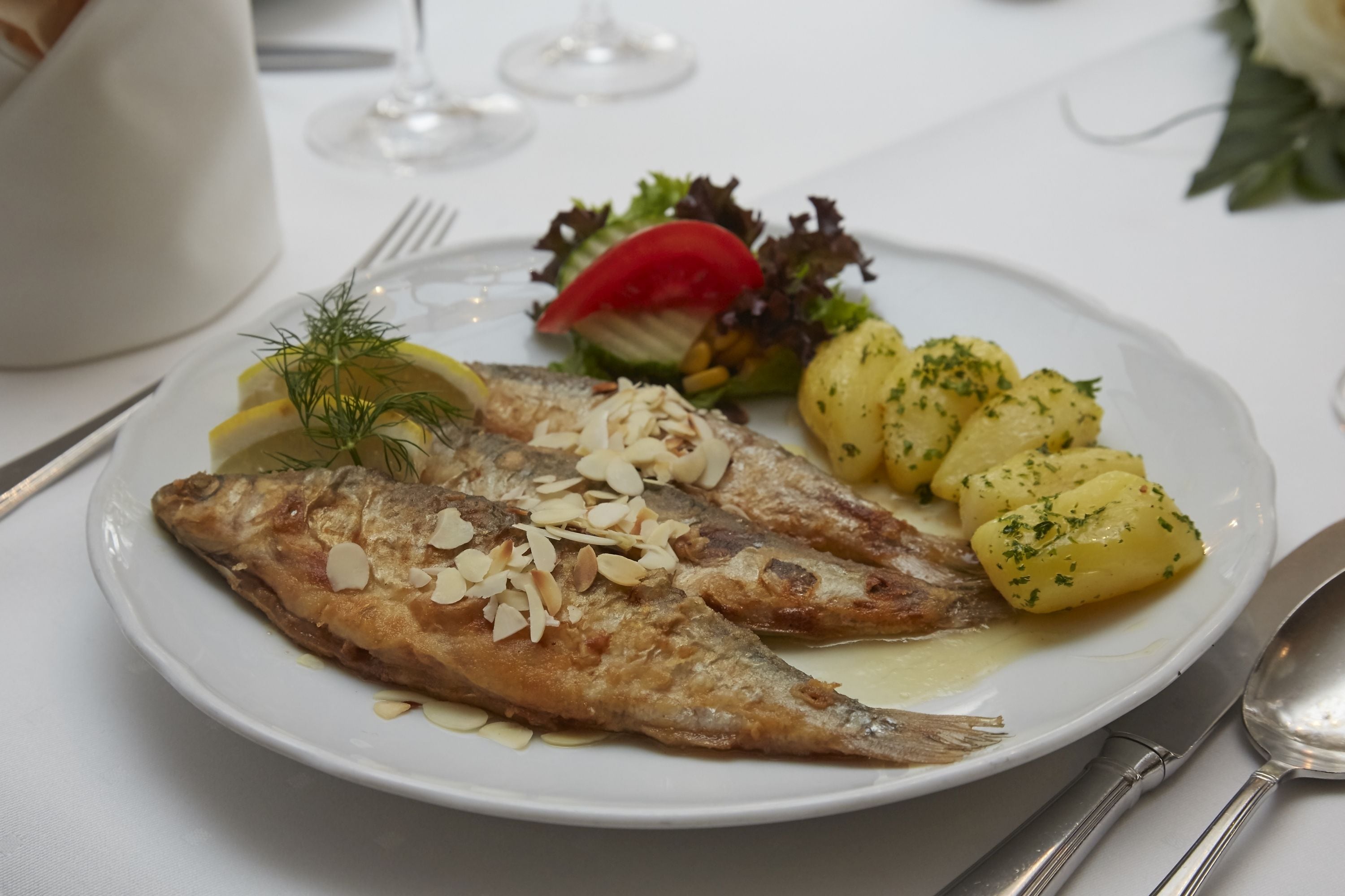 A plate with grilled fish, potatoes, and a salad.