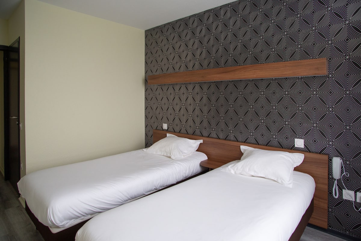 Une chambre avec deux lits simples, une tête de lit en bois et un mur décoré d’un motif.