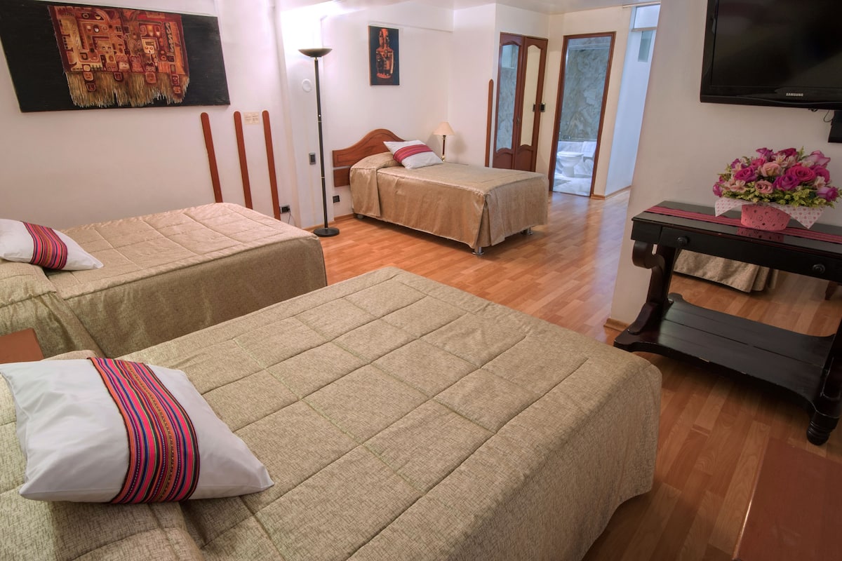 Habitación de hotel con dos camas, televisor, escritorio con un jarrón de flores y un cuadro en la pared.