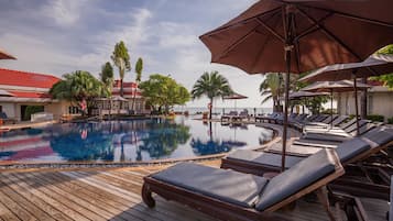 Outdoor pool, pool umbrellas, pool loungers