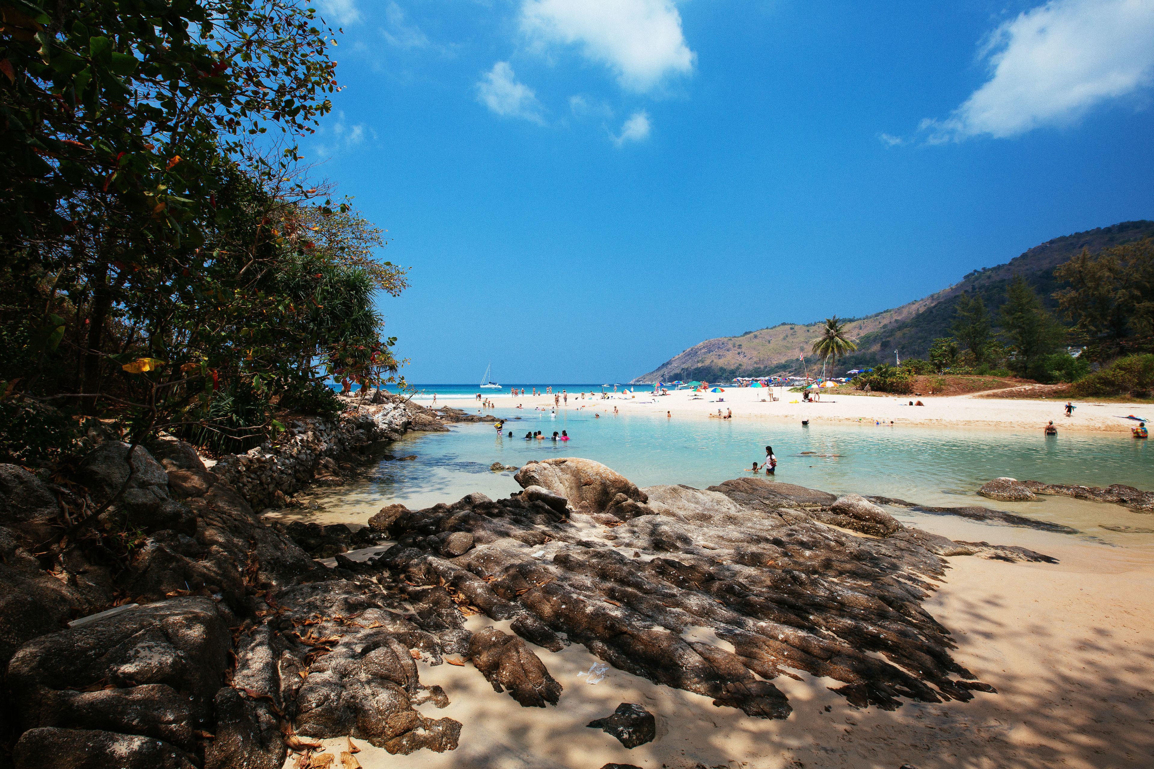 On the beach, white sand, beach towels