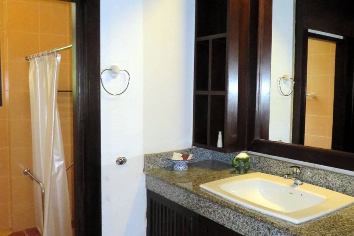 shower, rainfall showerhead, hair dryer, bathrobes