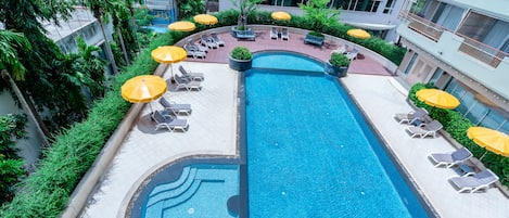 2 outdoor pools, pool umbrellas, pool loungers