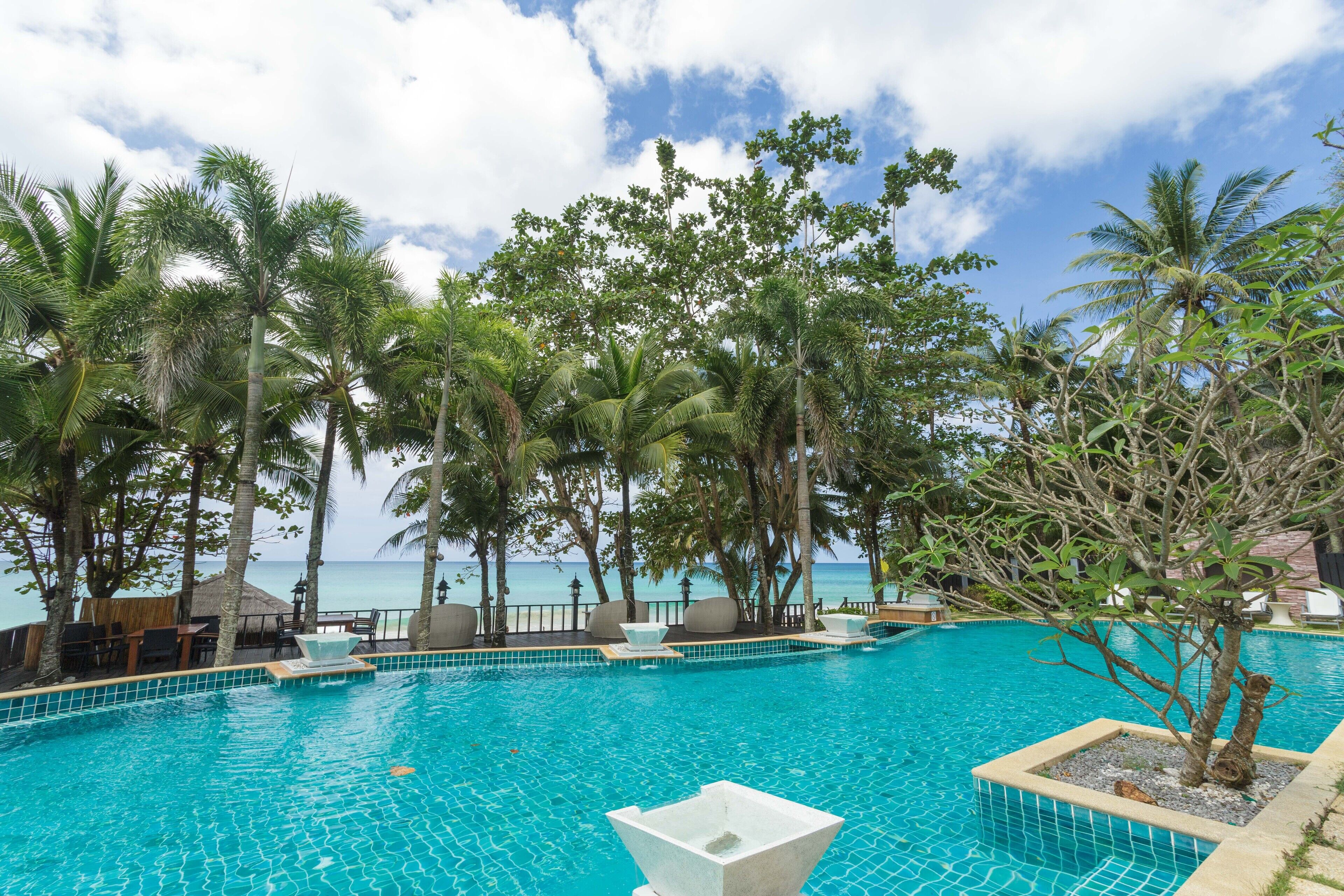 outdoor pool, pool umbrellas, pool loungers