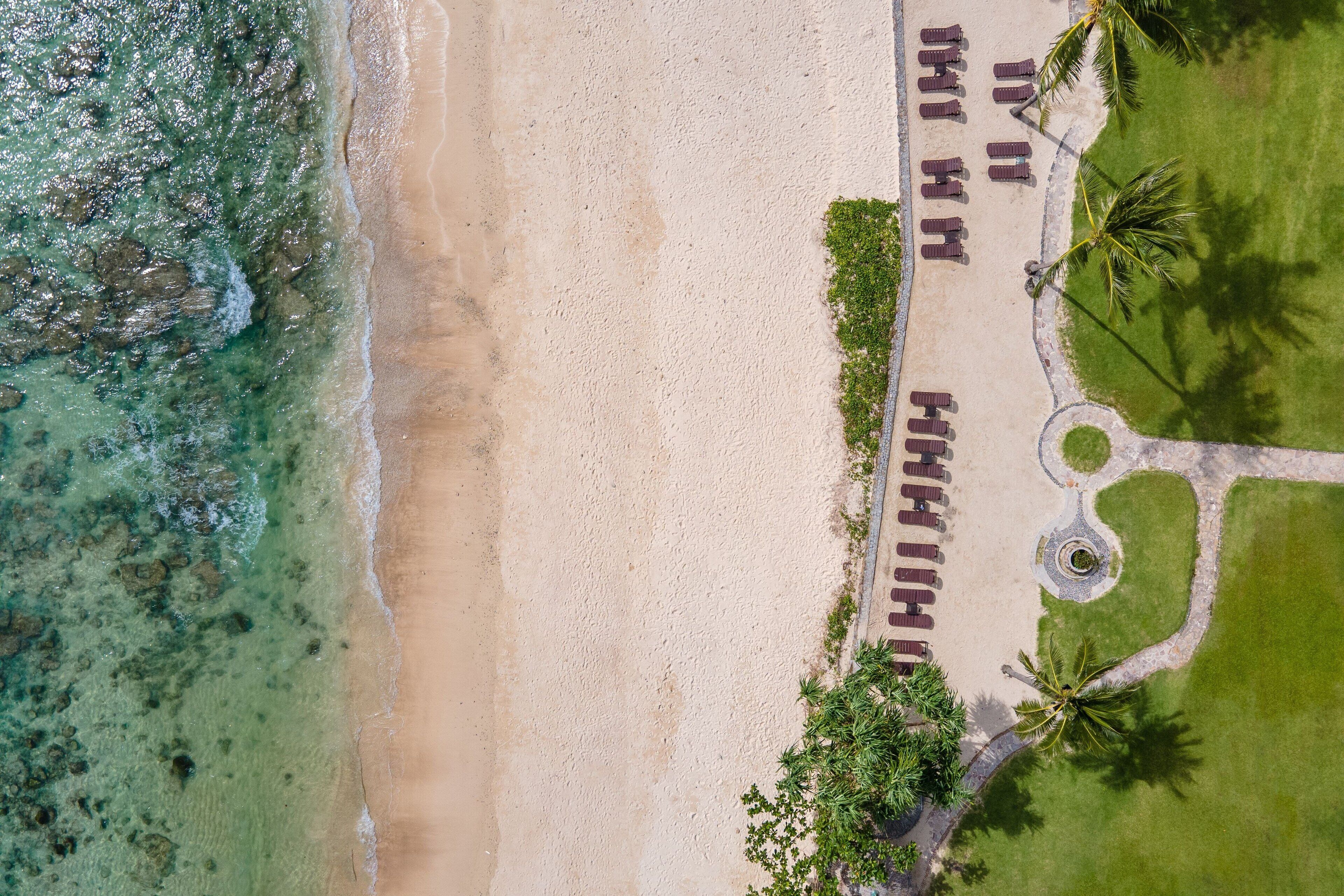 An aerial view of a beach resort with a sandy beach, clear turquoise water, and palm trees.