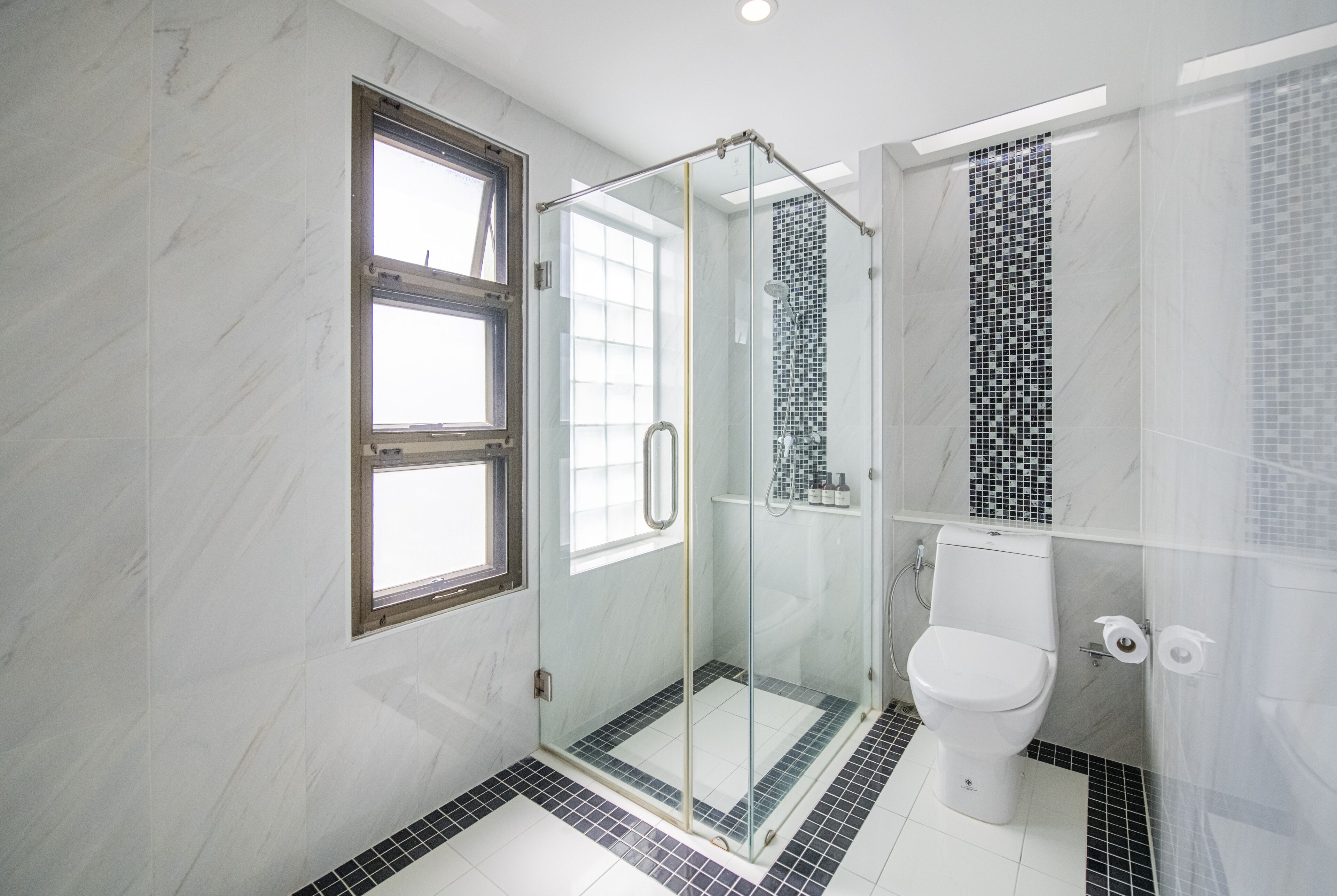 Une salle de bain moderne avec une douche à parois de verre, des toilettes et une fenêtre.