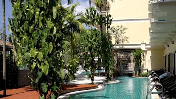 Outdoor pool, pool umbrellas