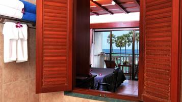 Combined shower/tub, free toiletries, hair dryer, towels