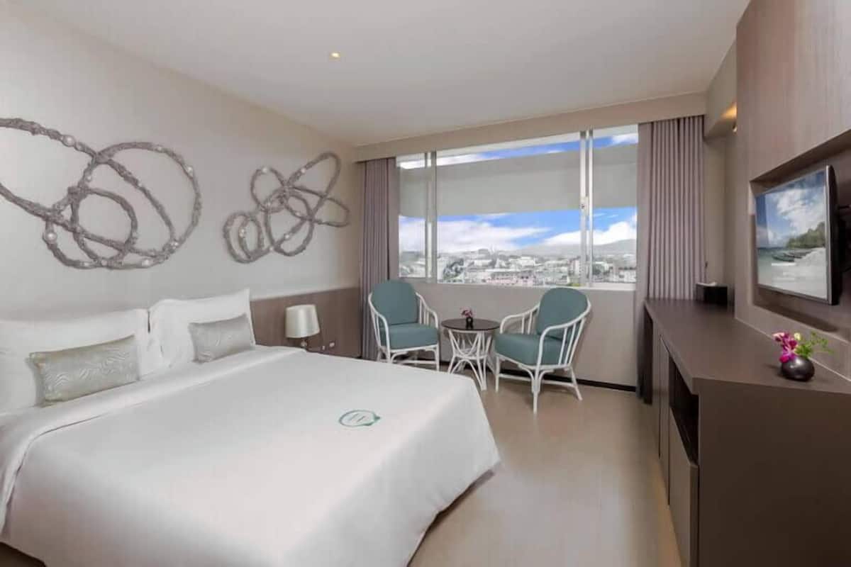 A hotel room with a large bed, two chairs, a small table, a TV, and a city view through the window.