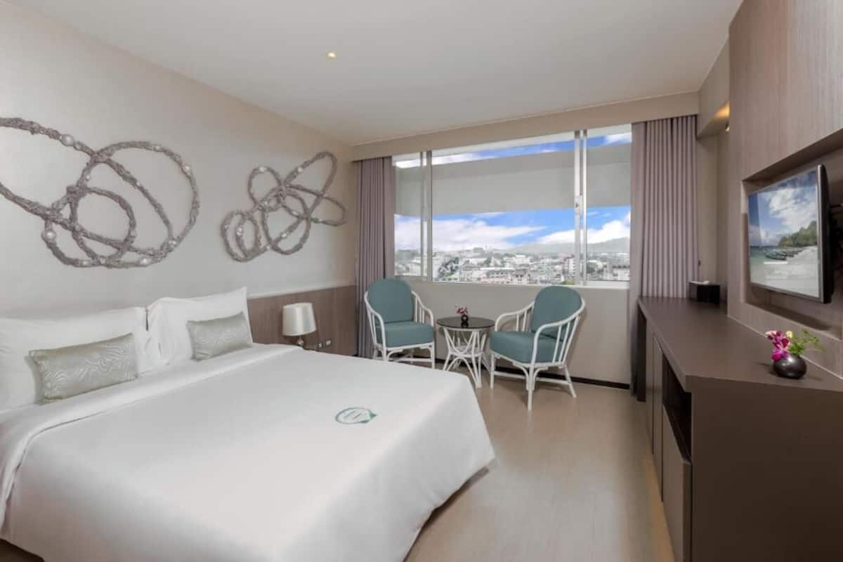 A hotel room with a large bed, two chairs, a small table, a TV, and a city view.