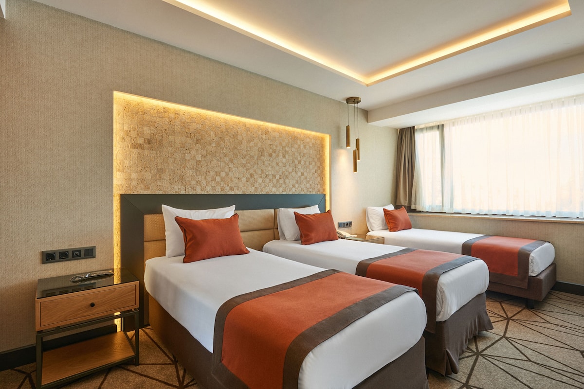 Une chambre d’hôtel avec deux lits, une table de chevet, un panneau fixé au mur et une fenêtre avec des rideaux.