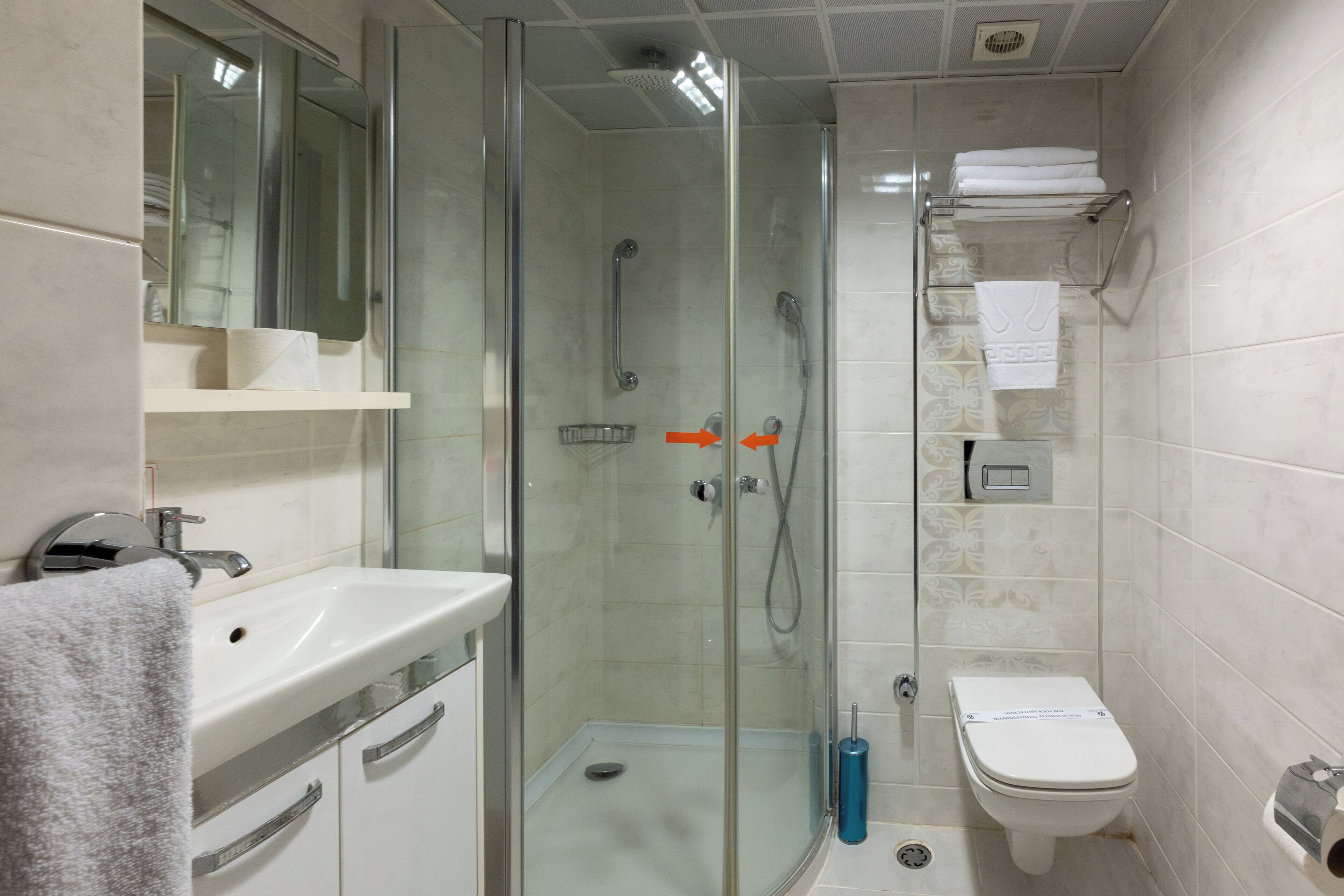 Un baño moderno con ducha envuelta en vidrio, un lavamanos blanco y un inodoro.