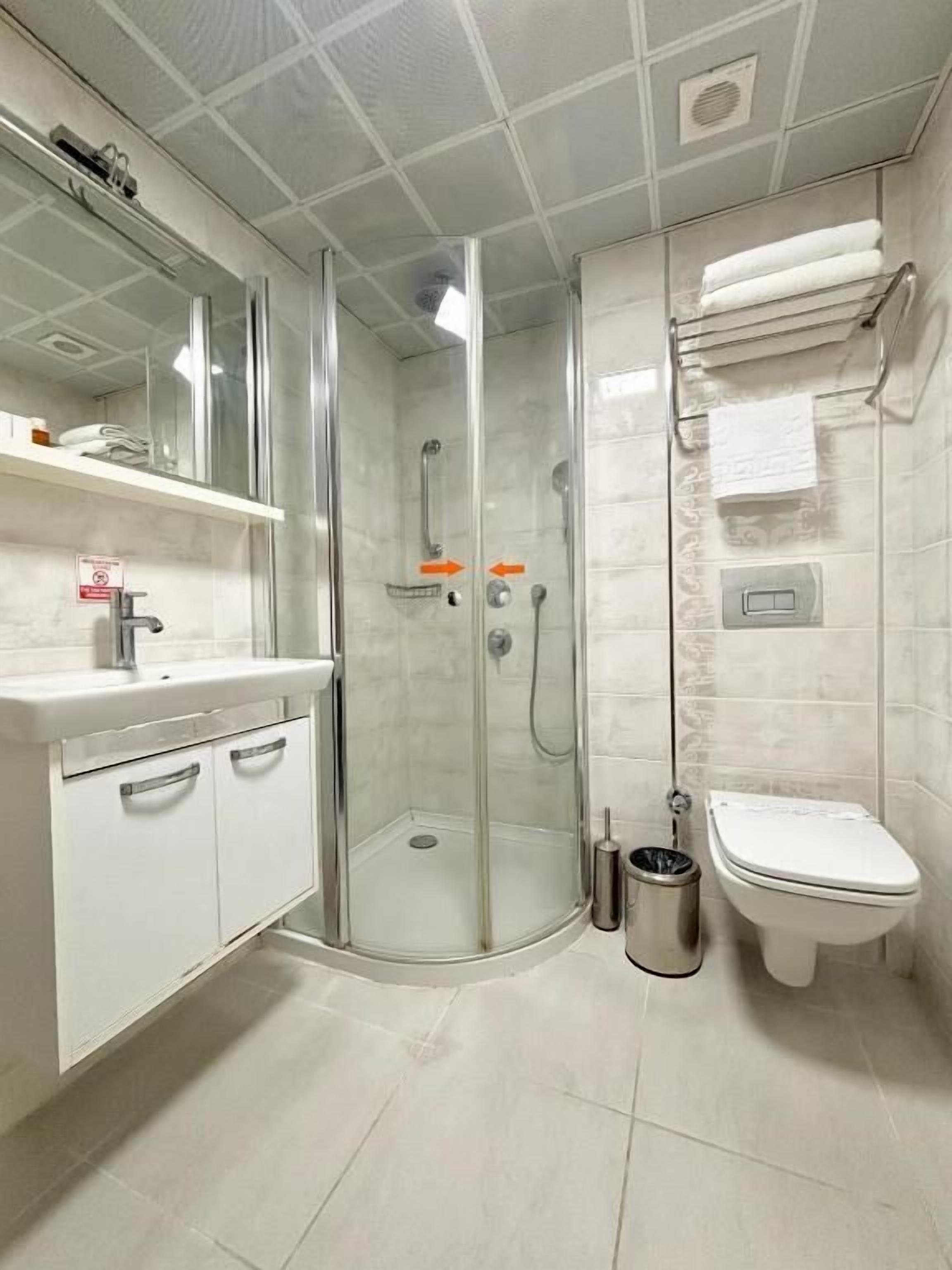 A modern bathroom with a glass-enclosed shower, a toilet, and a sink with a mirror above it.