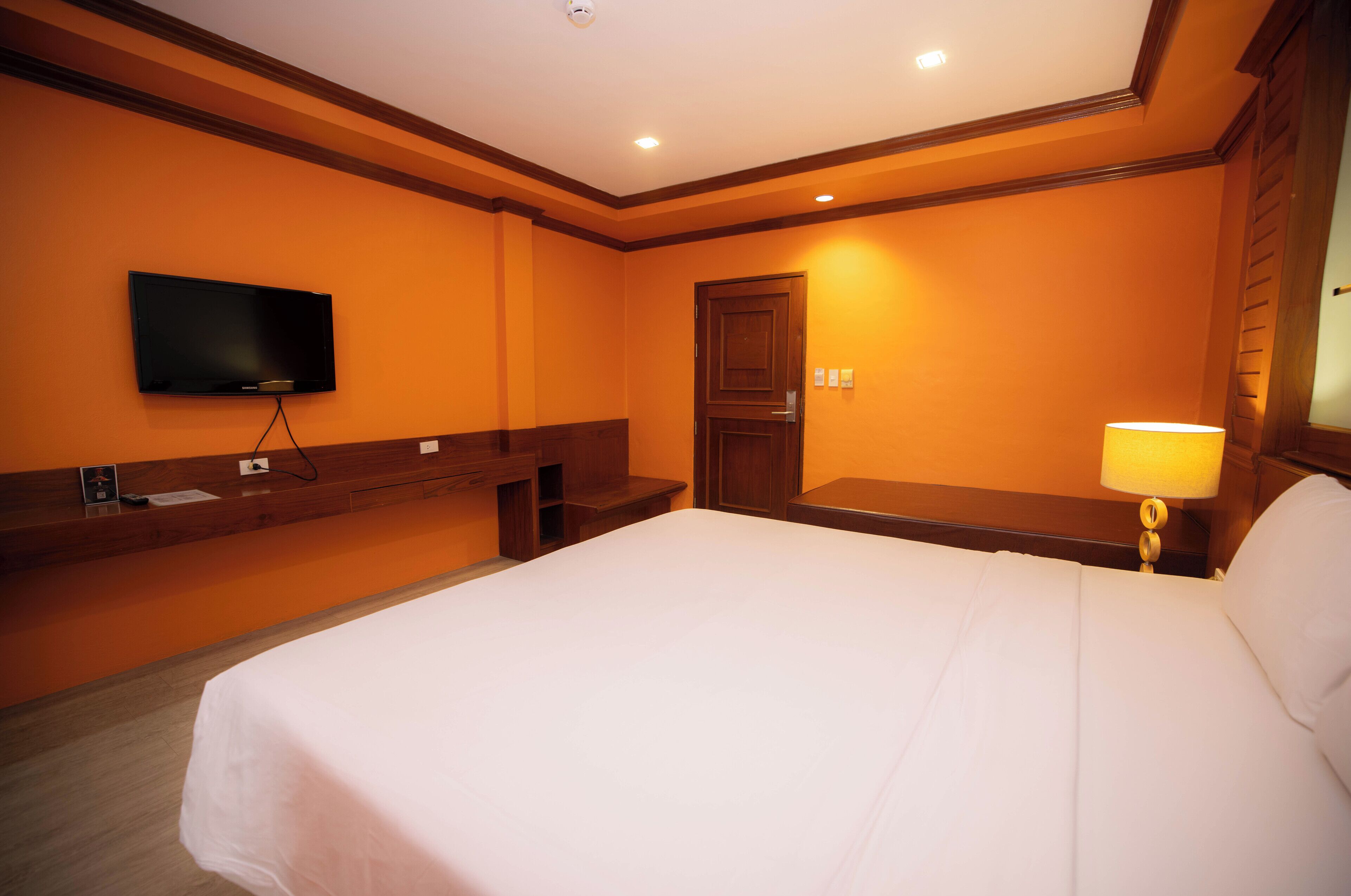 Una habitación de hotel con una cama grande, un televisor de pantalla plana en la pared, una mesita de noche de madera con lámpara, y una puerta con marco de madera.