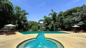 A swimming pool with a central water feature, surrounded by lush greenery and shaded by umbrellas. - Baan Krating Pai Resort (Pai)