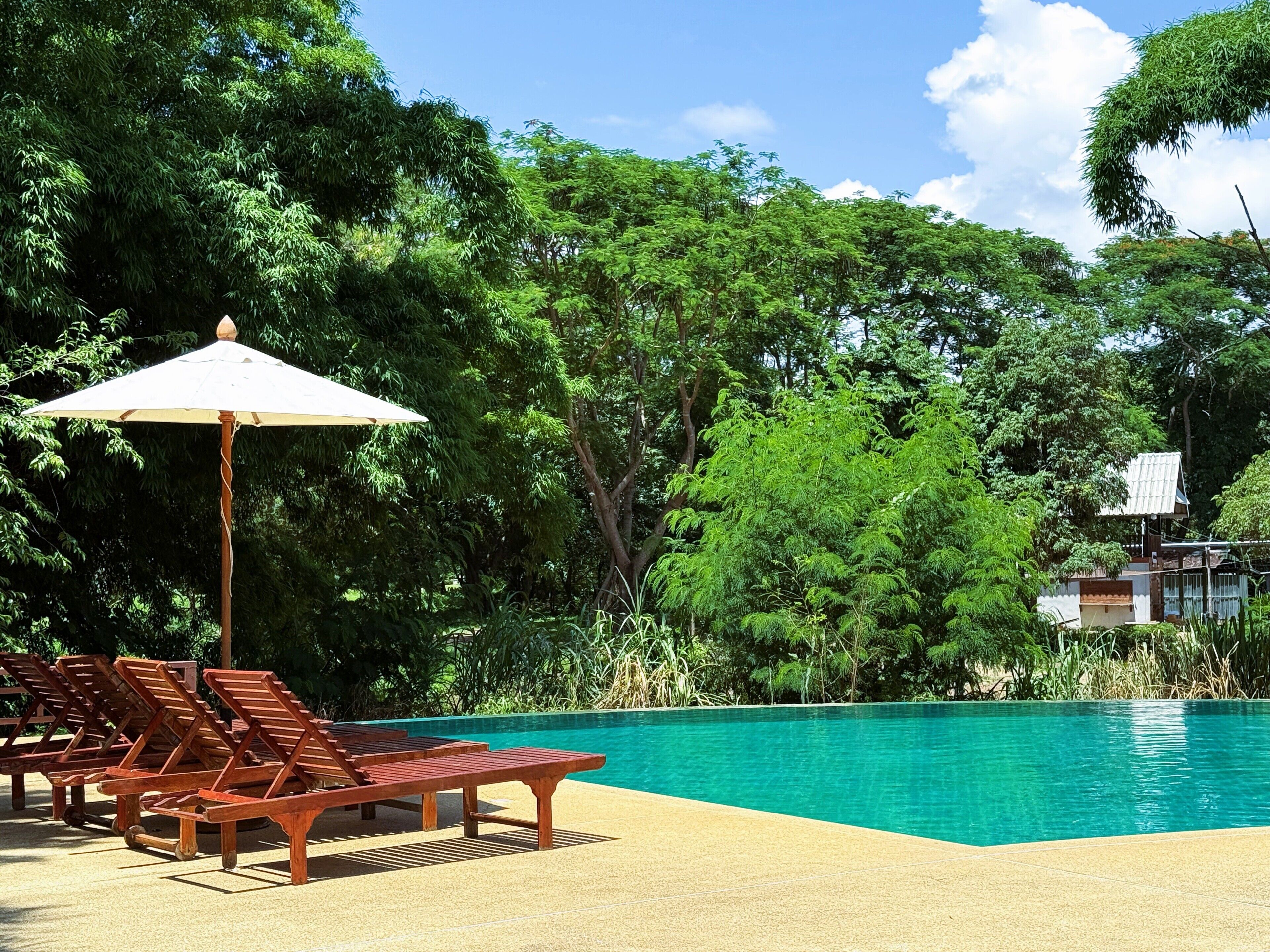 A pool area with wooden lounge chairs and a white umbrella, surrounded by lush greenery and a clear blue sky.